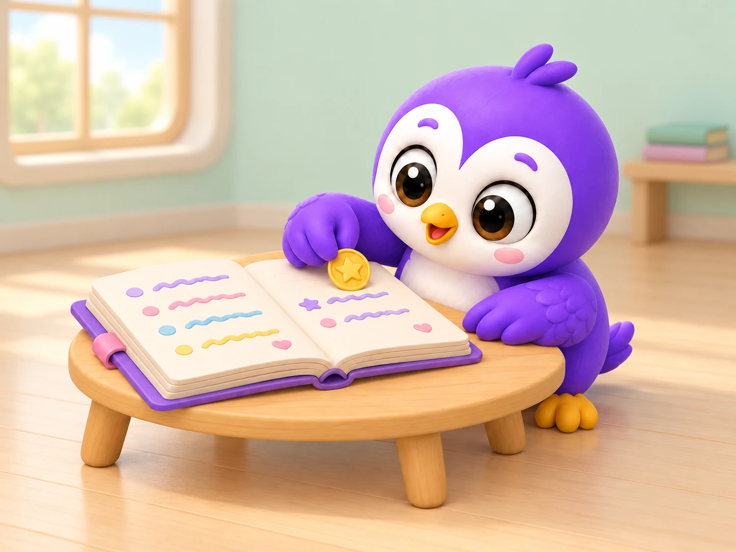 Pibbow owl with an open journal and a gold star medal in a softly lit room